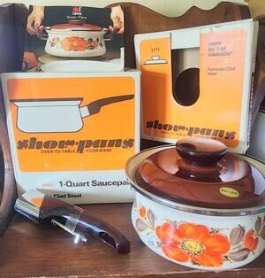 VTG Sanko Ware Show Pans 1-Quart Saucepan Japan Pot & Cover Orange Poppy NIB